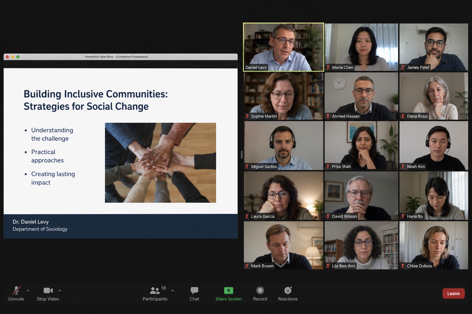 Keynote speaker presenting slides to conference attendees on a video call
