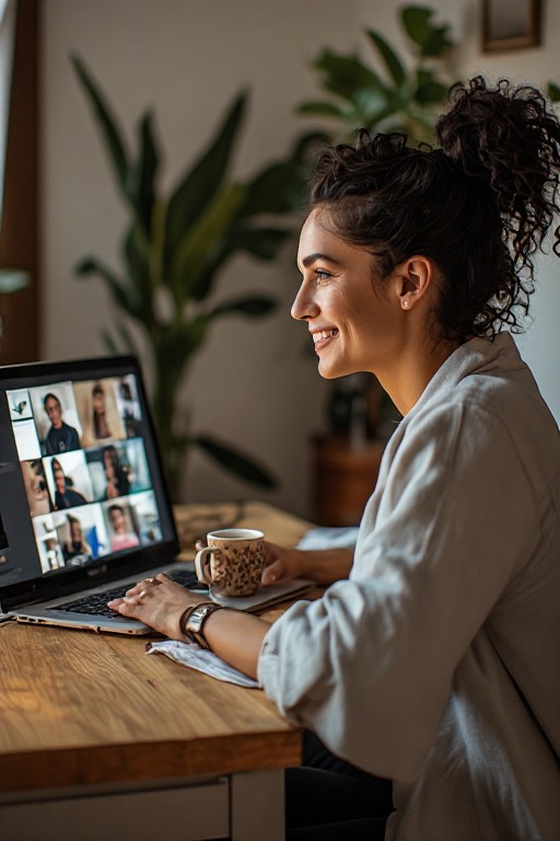 Researcher joining a video conference from her home office