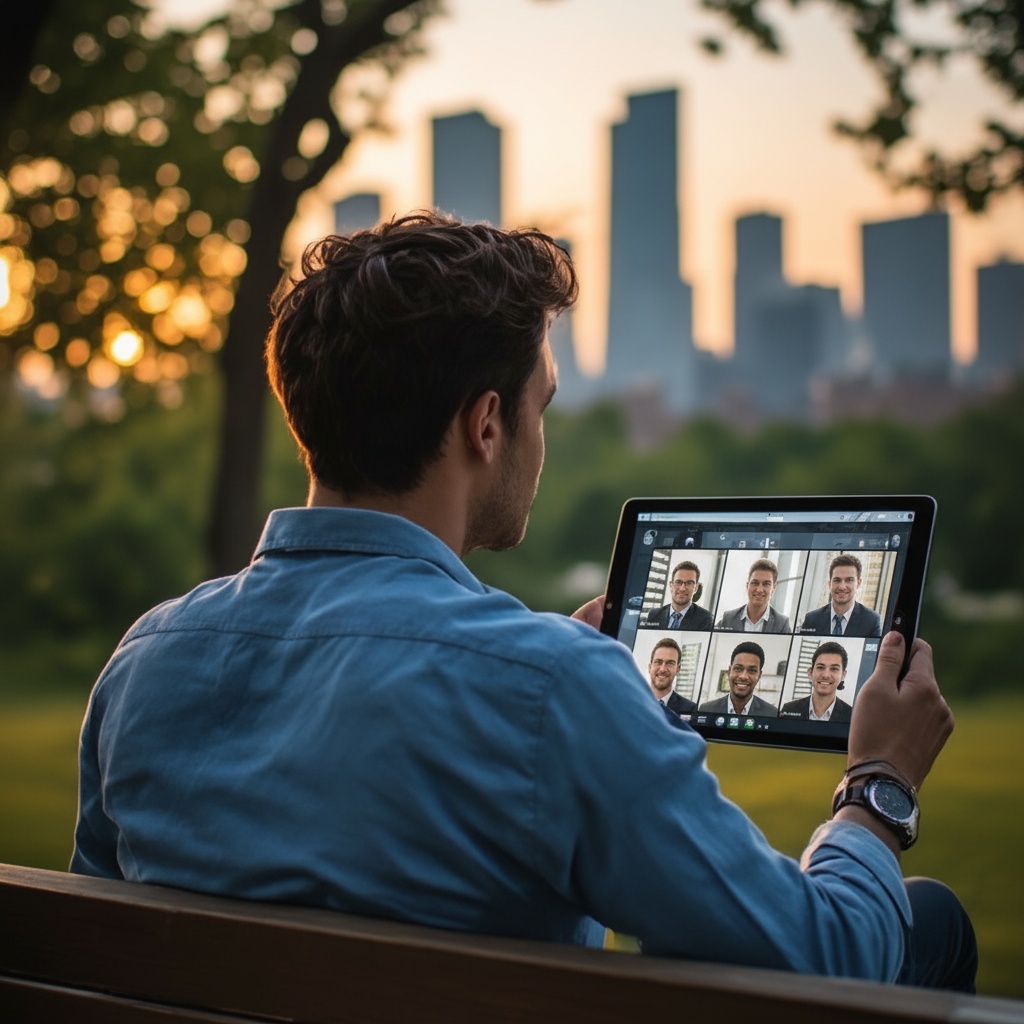 Researcher joining a conference session from a park bench at dusk
