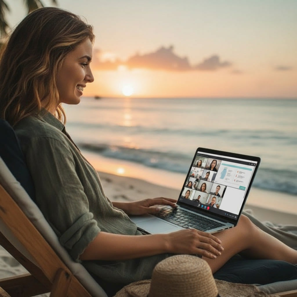 Researcher presenting a virtual keynote from a beach at sunset